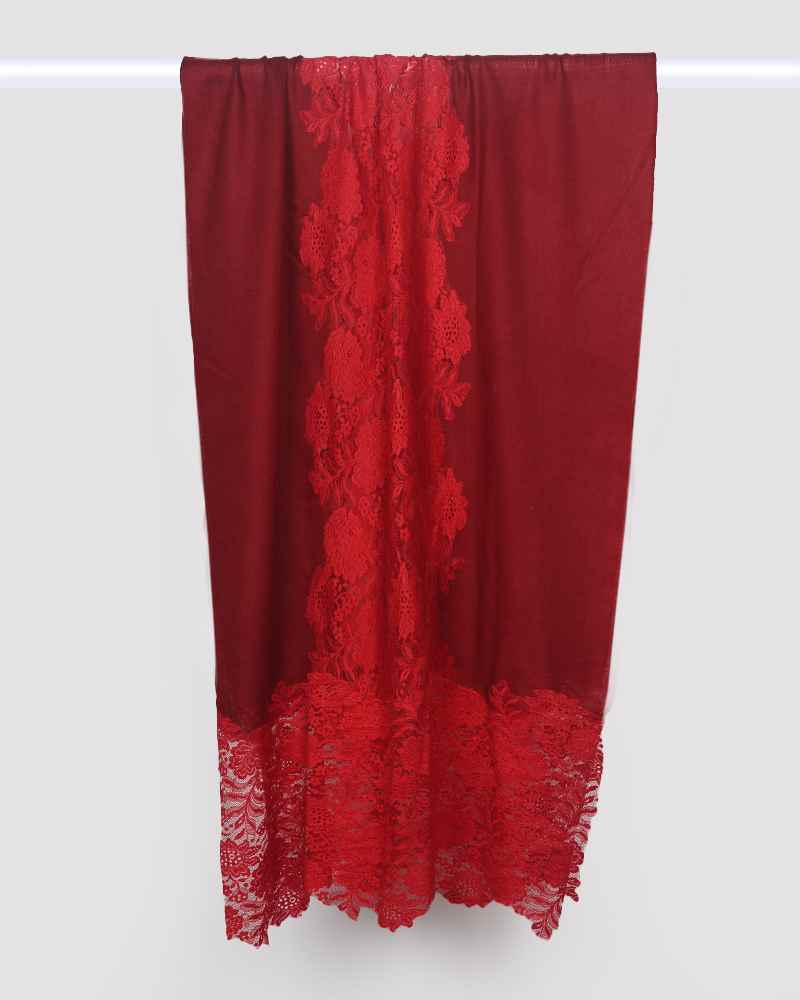 Maroon Pashmina Wool Eye Design Lace Stole